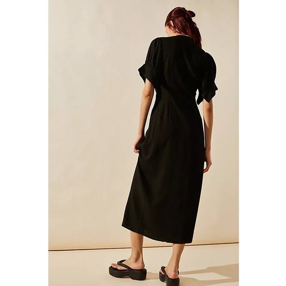 Free People Free-est Vintage Summer Midi Dress Buttondown Black Ruched - Picture 4 of 8